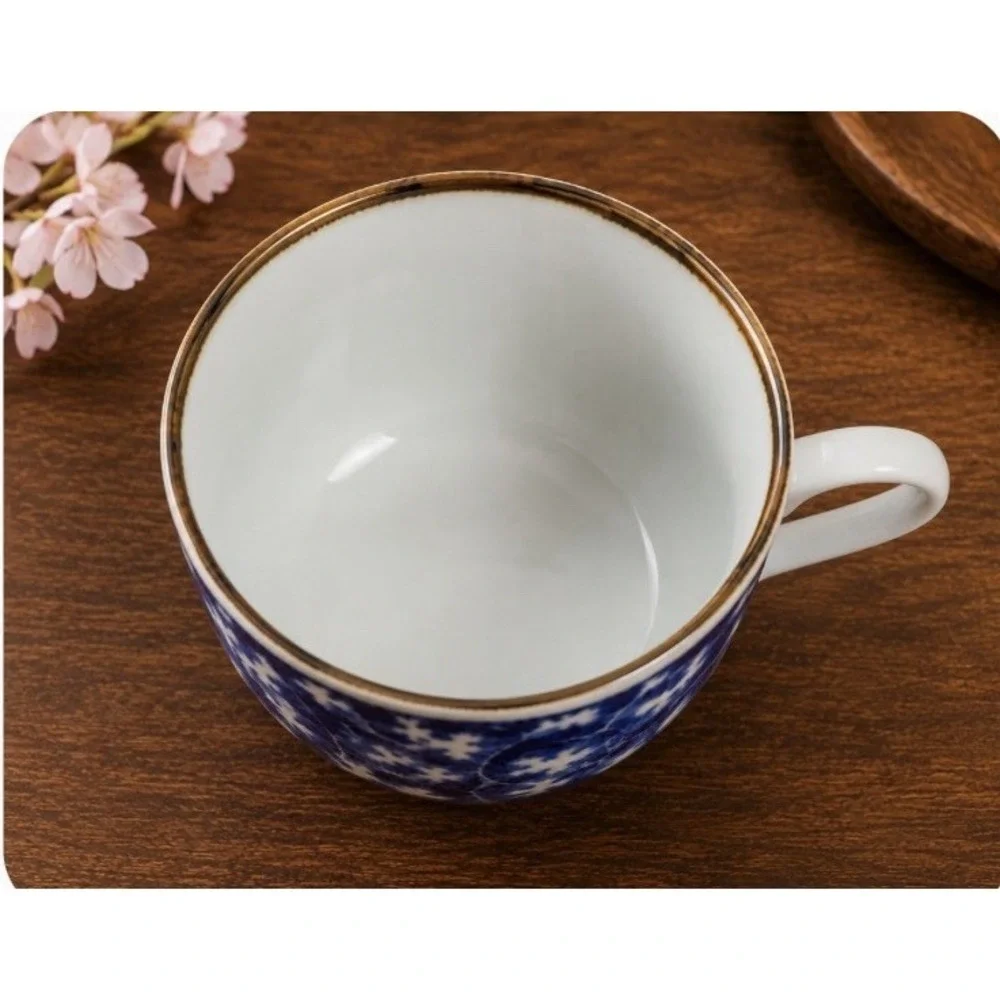 Japanese Blue And White Porcelain Tea Cup Saucer Set, Arita Style Floral 4